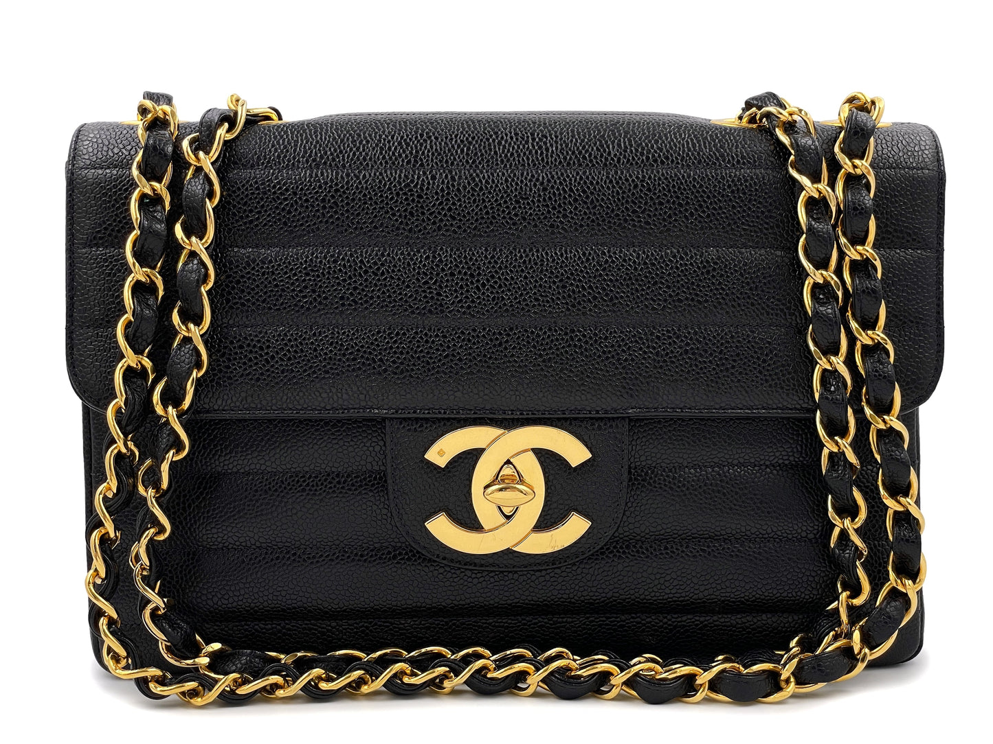 Chanel 1995 Vintage Black Caviar Horizontal Classic Jumbo Flap Bag 24k GHW