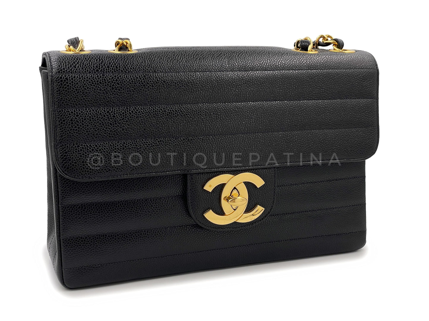 Chanel 1995 Vintage Black Caviar Horizontal Classic Jumbo Flap Bag 24k GHW