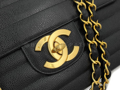 Chanel 1995 Vintage Black Caviar Horizontal Classic Jumbo Flap Bag 24k GHW