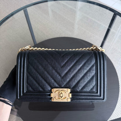 Chanel Boy Medium - Caviar 25CM Chevron Black Gold Hardware Series 26