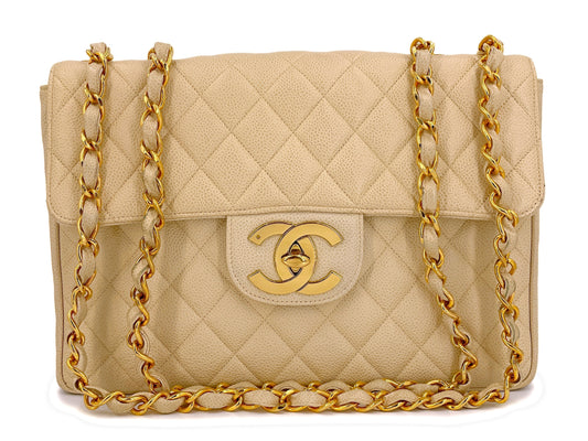 Chanel 1994 Vintage Light Beige Caviar Jumbo Classic Flap Bag 24k GHW