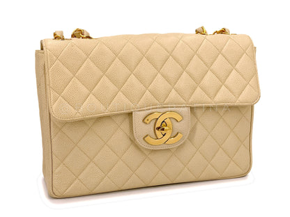 Chanel 1994 Vintage Light Beige Caviar Jumbo Classic Flap Bag 24k GHW