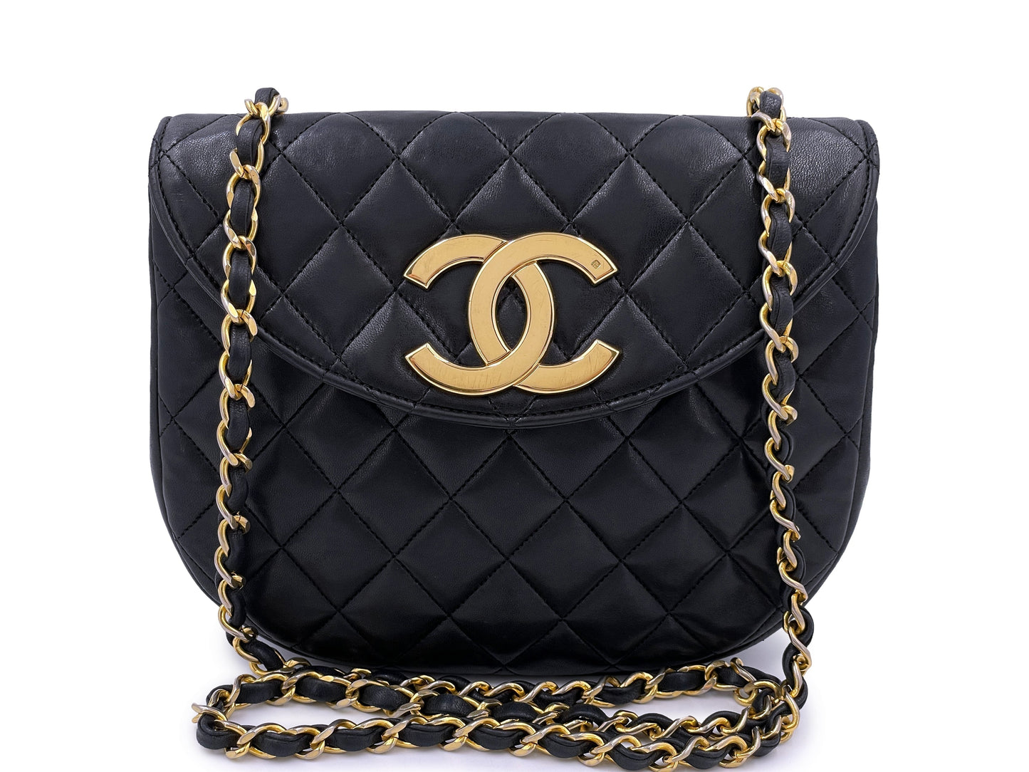 Chanel 1989 Vintage Round Half Moon Flap Bag 24k GHW Black