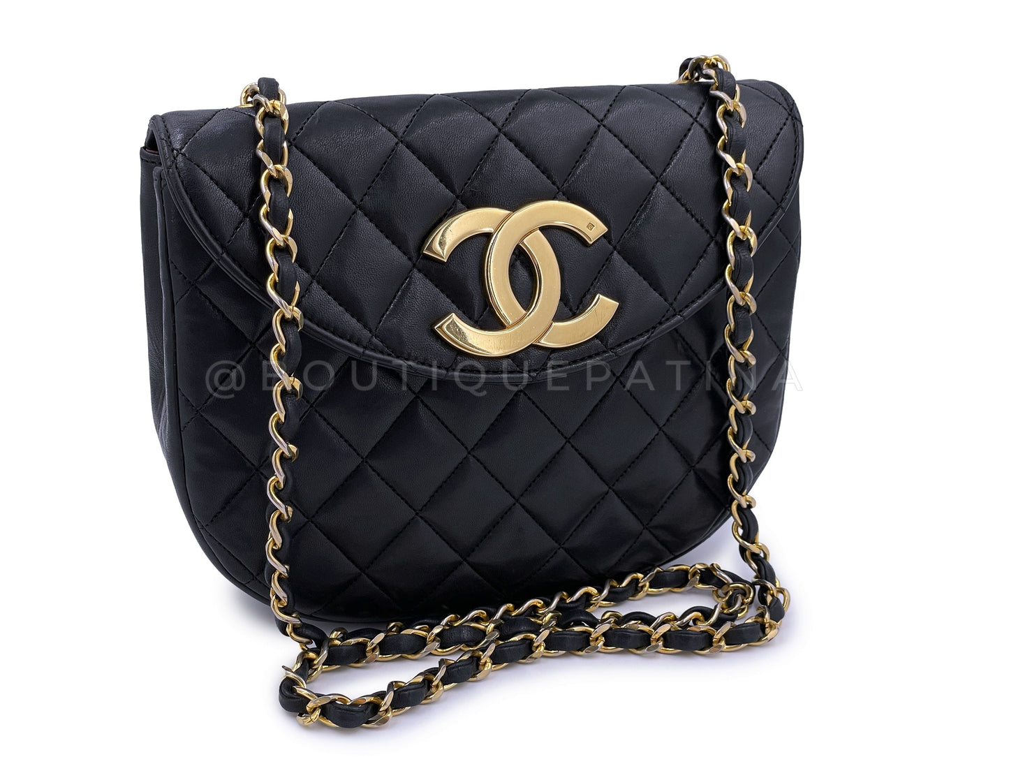 Chanel 1989 Vintage Round Half Moon Flap Bag 24k GHW Black