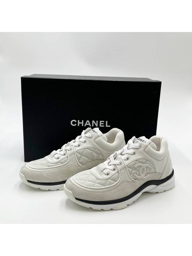CC Logo Fabric Suede Low-Top Sneakers Light Grey Chanel