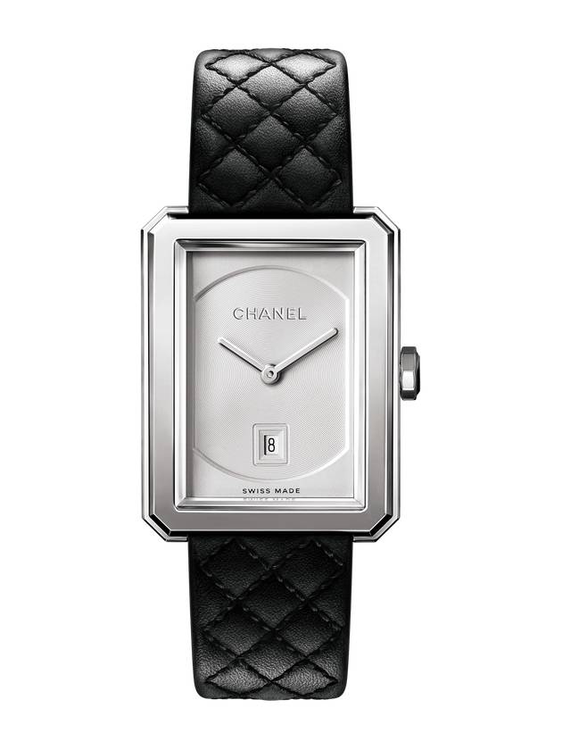 Boyfriend Calfskin Quilted Pattern Strap Small Watch Silver Black Chanel