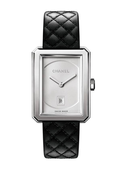 Boyfriend Calfskin Quilted Pattern Strap Small Watch Silver Black Chanel