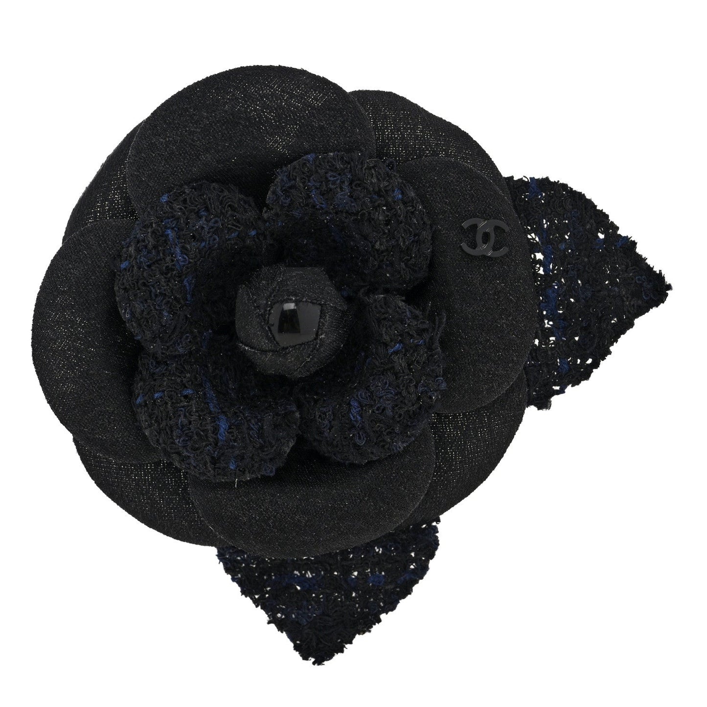 Tweed Fabric Camellia Pin Brooch Black