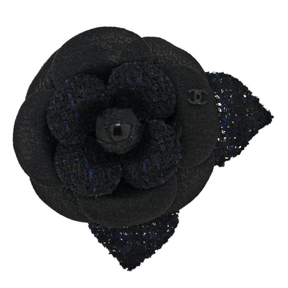 Tweed Fabric Camellia Pin Brooch Black