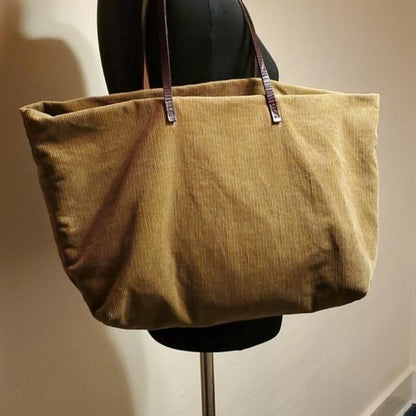 Fendi Camel Corduroy & Brown Leather Roll Tote