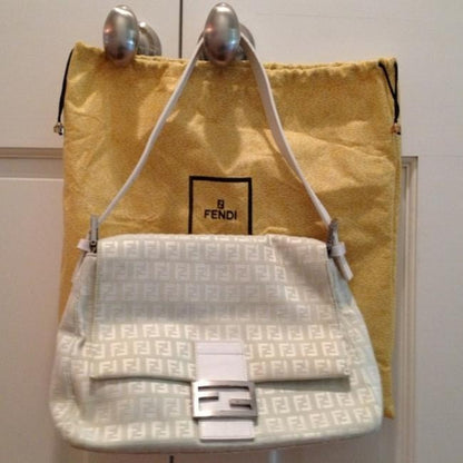 Fendi White Zucchino Print Canvas & White Leather Mamma Forever Shoulder Bag