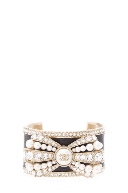 Chanel Black Rhinestone & Pearl Bow Cuff Bracelet