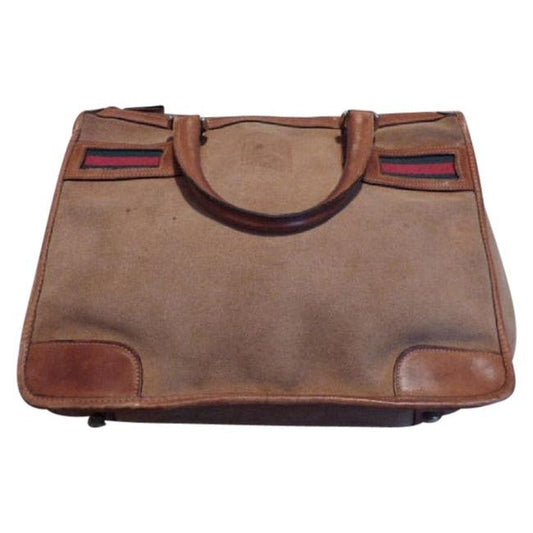 Gucci camel suede satchel with inlaid red/green striped accents!