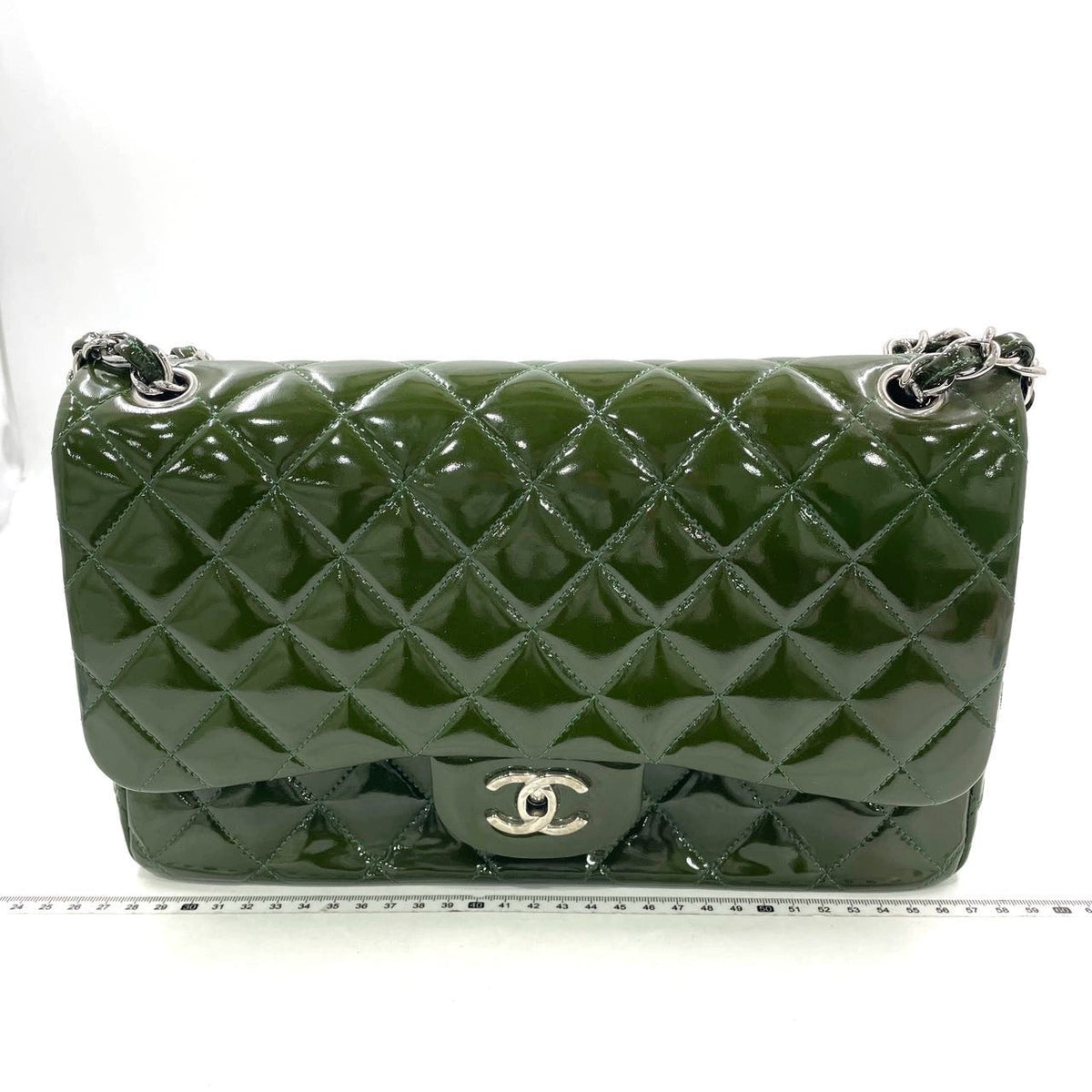 Chanel Classic Flap Jumbo Large Green Patent Leather Silver Hardware