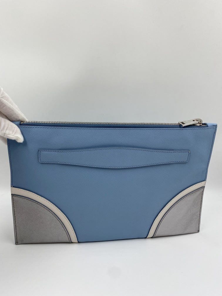 Prada Saffiano Leather Blue Clutch Bag