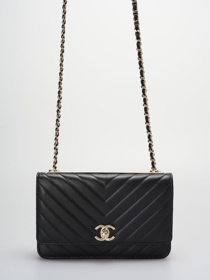 Chanel Lambskin Chevron Quilted Trendy CC Wallet On Chain Woc In Black