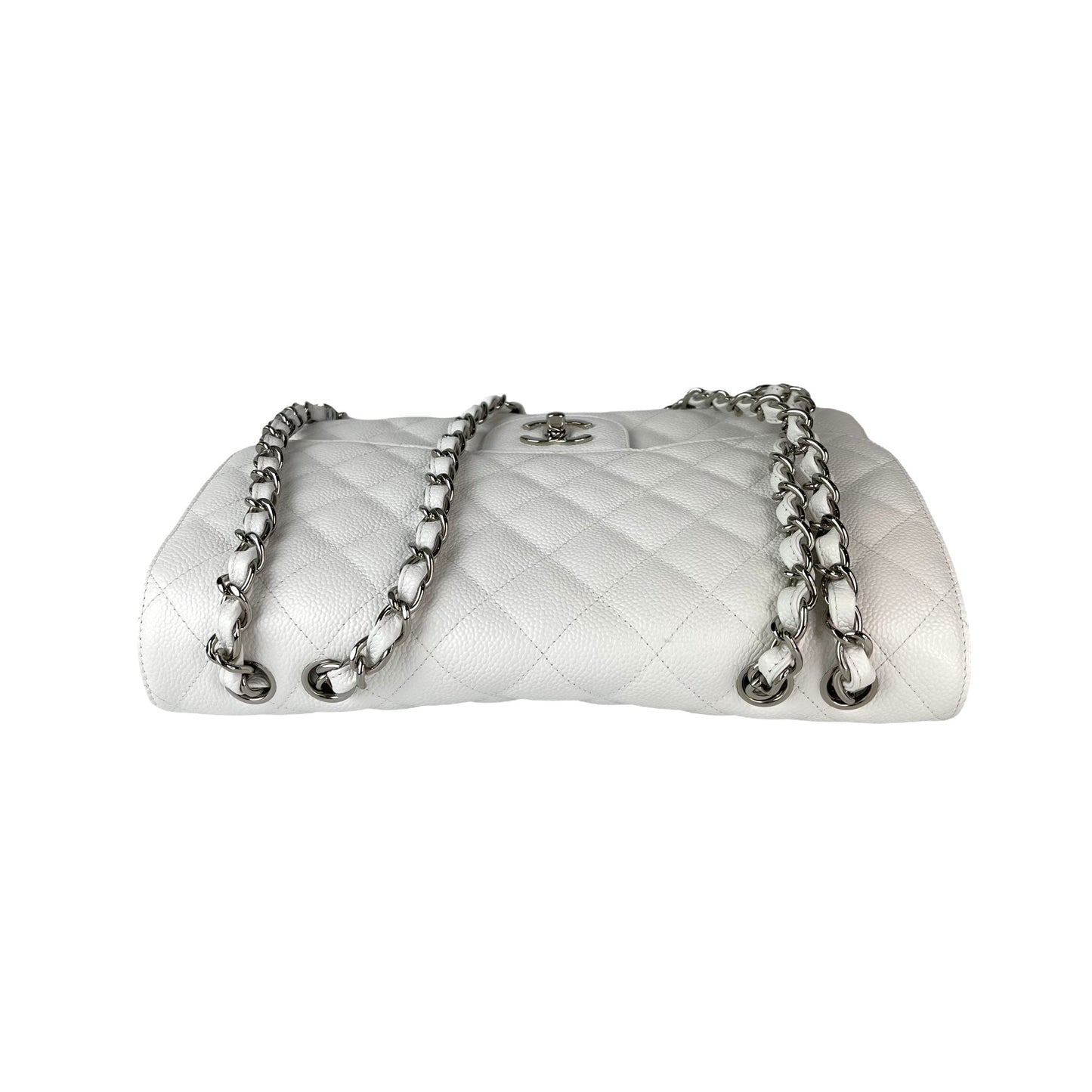 Classic Single Flap Jumbo Bag in White Caviar with SHW