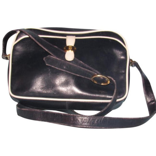 SALE! Gucci Navy Blue Leather With White Piping Shoulder Bag