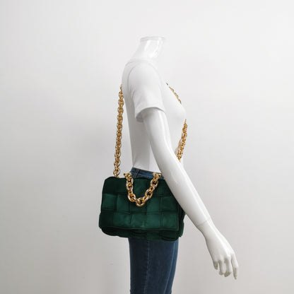 Bottega Veneta Padded Cassette Suede Leather Dark Green with Gold Chain