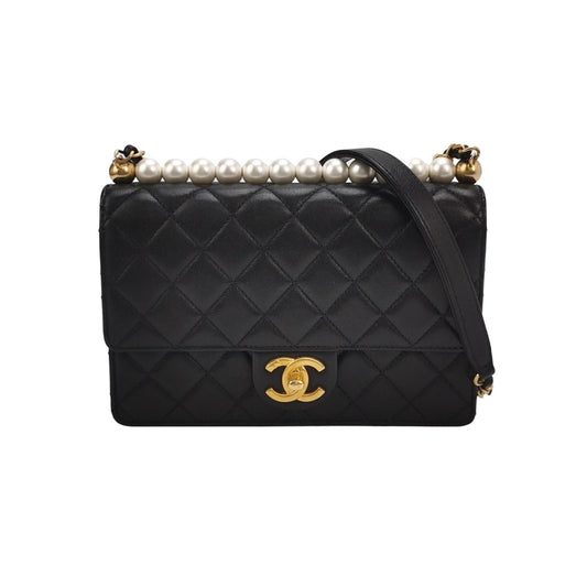 Preloved Chanel Flap Bag Lamb Leather Quilted Pearl Decor Classic Double C Buckle Shoulder Bag 250430781173377