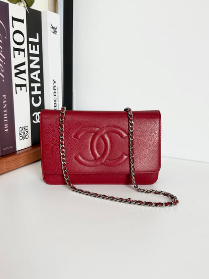 CHANEL Caviar Timeless CC Wallet on Chain WOC Red #BE