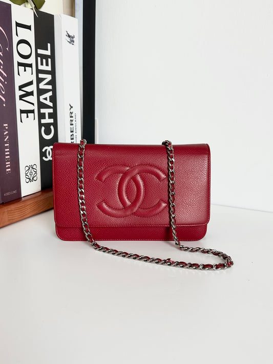 CHANEL Caviar Timeless CC Wallet on Chain WOC Red #BE