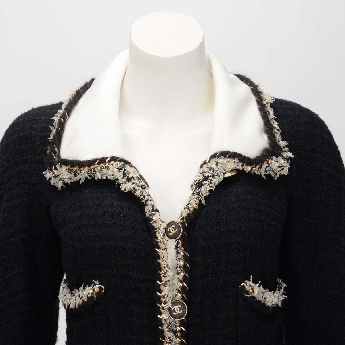 Chanel Black & Navy Boucle Braided Trim Coat FR 36
