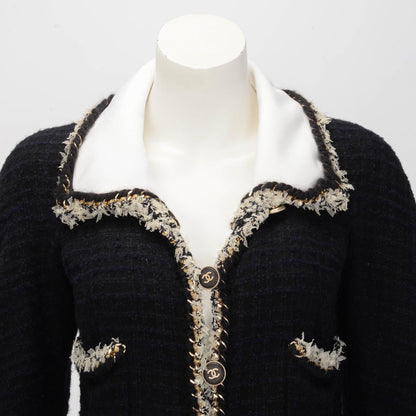 Chanel Black & Navy Boucle Braided Trim Coat FR 36