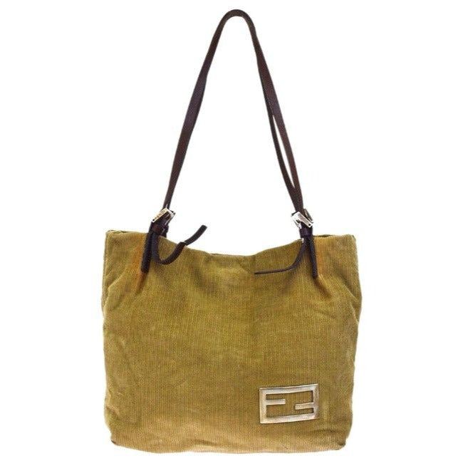 Fendi Camel Corduroy And Brown Leather Tote With Chrome Hardware