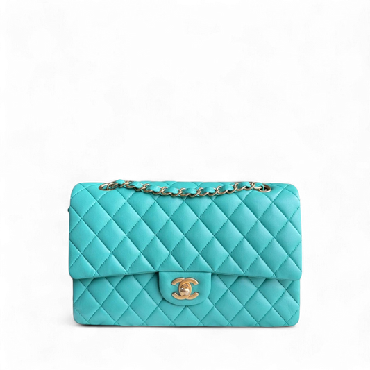 Chanel Classic Flap Medium - 25CM Quilted Lambskin Cyan Blue Gold Hardware Series 27