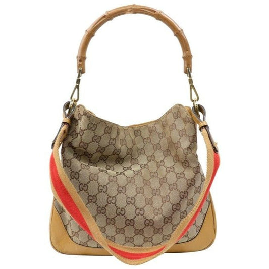 Gucci Brown Guccissima Print & Camel Leather Sarah Flip Top Two Way w Red & Gold Strap & Bamboo Handle Bam