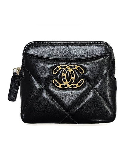 Nineteen Gold CC Logo Lambskin Zipper Card Wallet Black Chanel