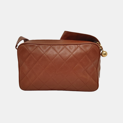 Chanel Camera Crossbody Bag Large Tan Brown Cognac Caviar Leather Gold Hardware 1994-1996