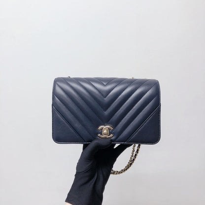 Calfskin Chevron Quilted Mini Statement Flap Navy Blue