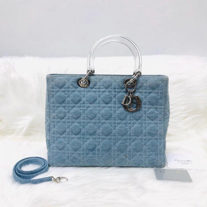 Lady Dior Large Vintage Denim Quilted Cannage tote with strap and acrylic handle GHW