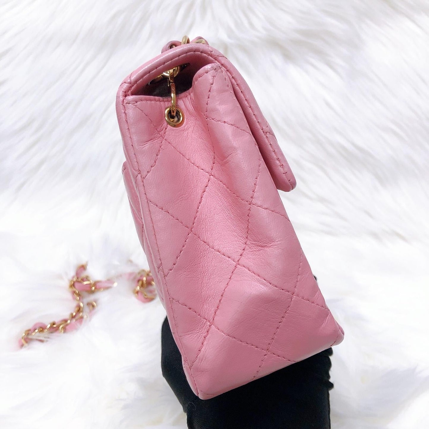 Vintage Mini Square Flap Bag in Pink Quilted Lambskin Leather GHW