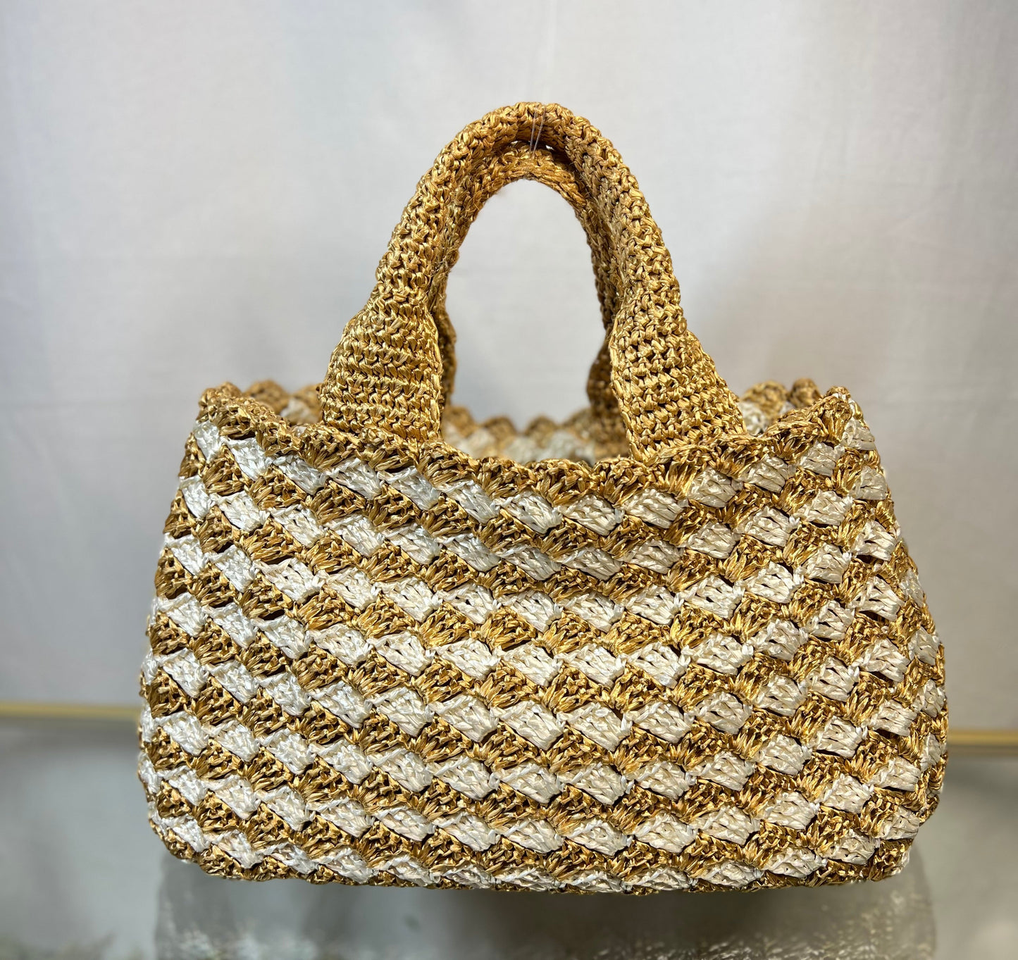 Prada Canapa Woven Crochet Tan Raffia Tote Bags