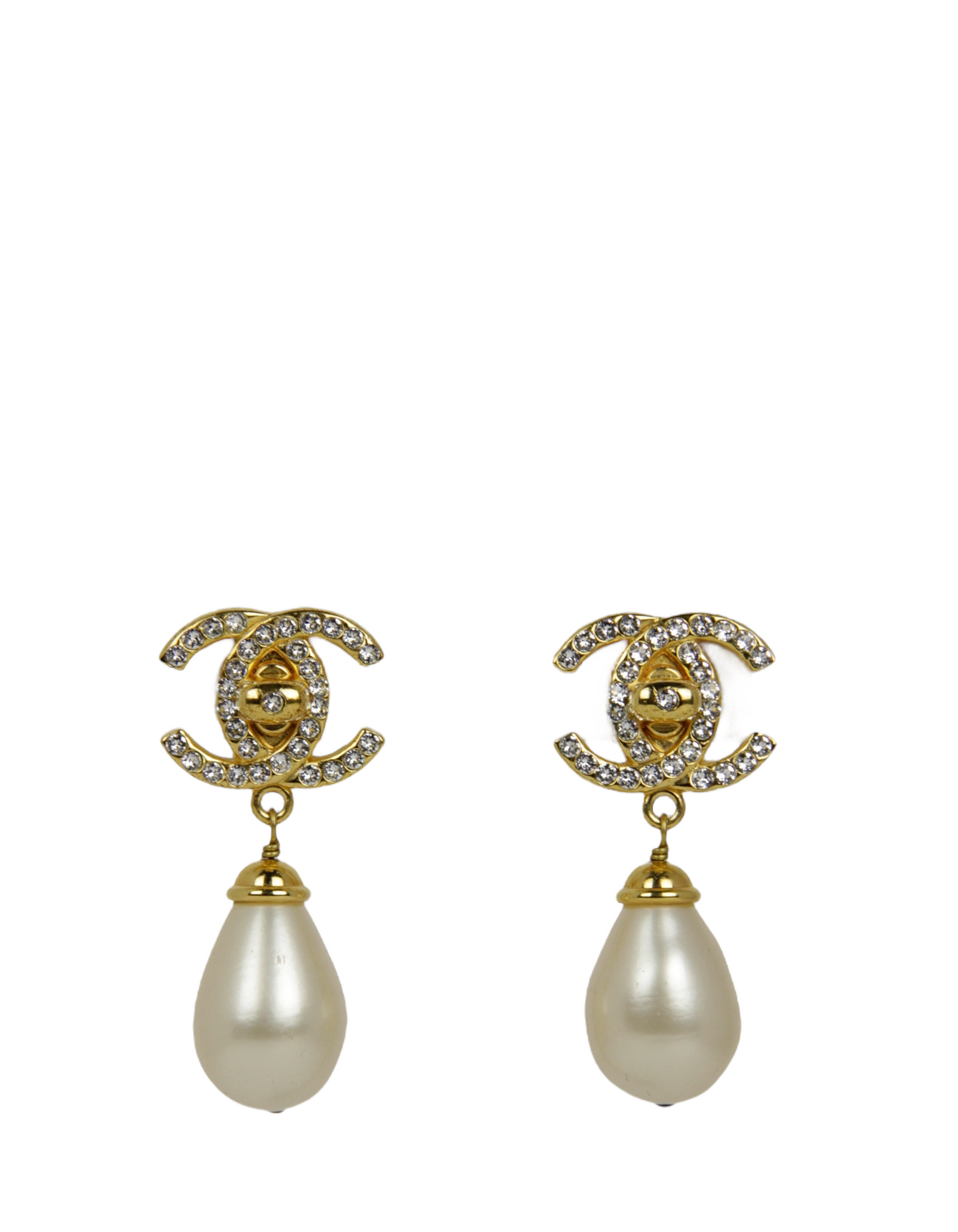 Chanel Vintage Crystal CC & Pearl Hanging Clip Earrings