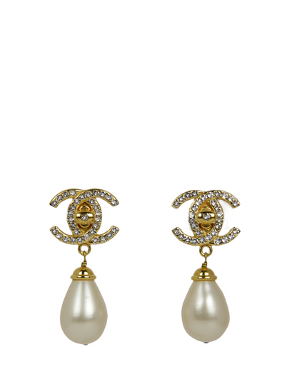 Chanel Vintage Crystal CC & Pearl Hanging Clip Earrings