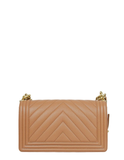 Chanel 2023 NWT Tan Caviar Leather Chevron Quilted Medium Boy Bag