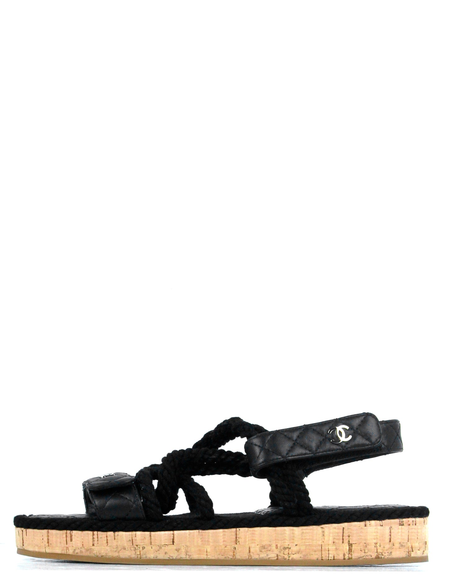 Chanel Black Cord Lambskin Quilted Logo Sandals sz 39