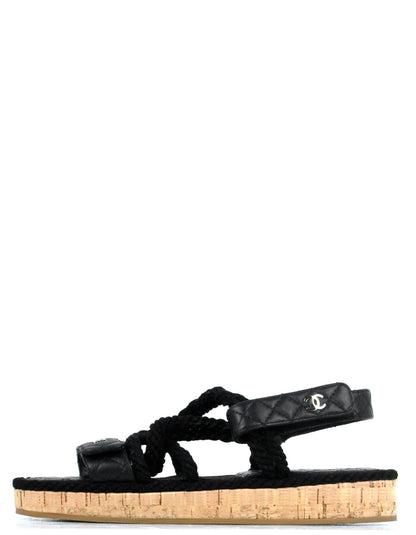Chanel Black Cord Lambskin Quilted Logo Sandals sz 39