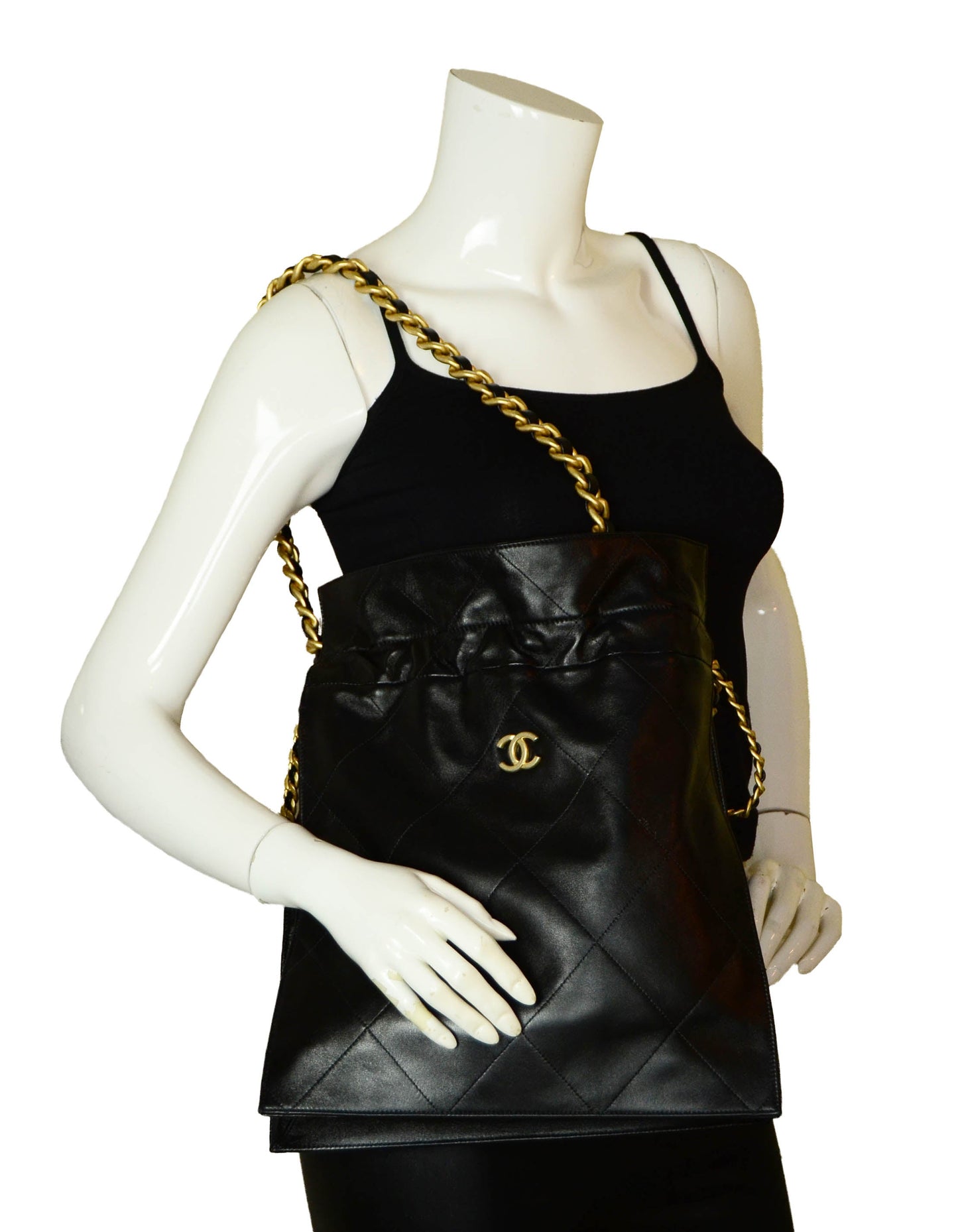 Chanel 2020 Black Shiny Lambskin Leather Chain Drawstring Tote Bag