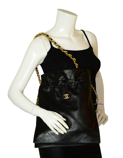 Chanel 2020 Black Shiny Lambskin Leather Chain Drawstring Tote Bag