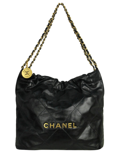Chanel Black Shiny Calfskin Quilted Small Chanel 22 Tote Bag