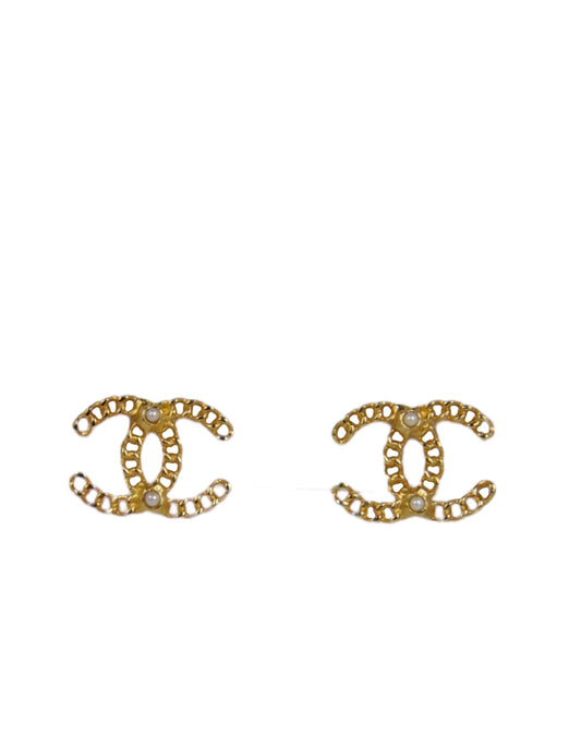 Chanel Metal Pearl CC Chain Link Earrings