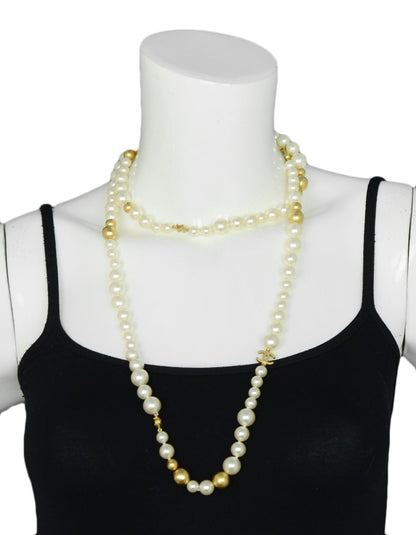 Chanel '07 Ivory/Gold Faux Pearl and Gold Bead CC 46" Necklace