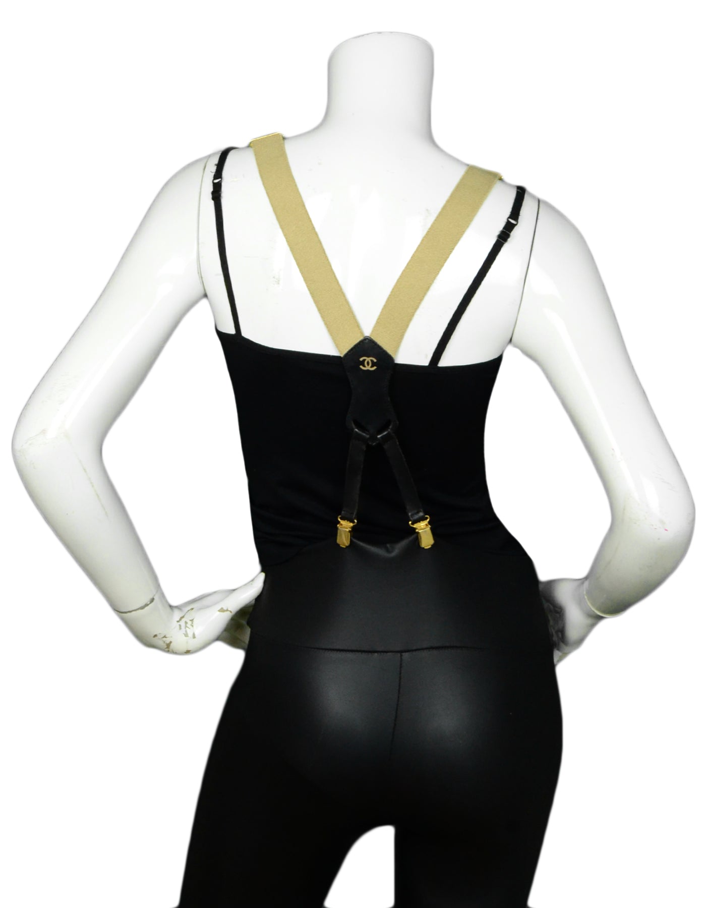 Chanel Vintage Beige & Black Logo Suspenders
