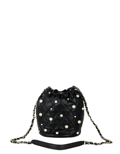 Chanel Black Leather Pearl Bucket Bag