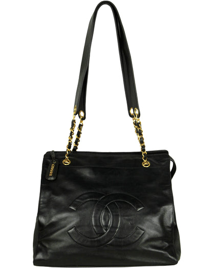Chanel Black Vintage Lambskin Leather CC Logo Tote Bag